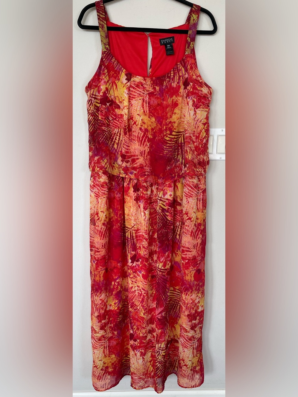 Enfocus Women Tropical-Print Maxi  Dress Lined Dark Red Multi Size 16W